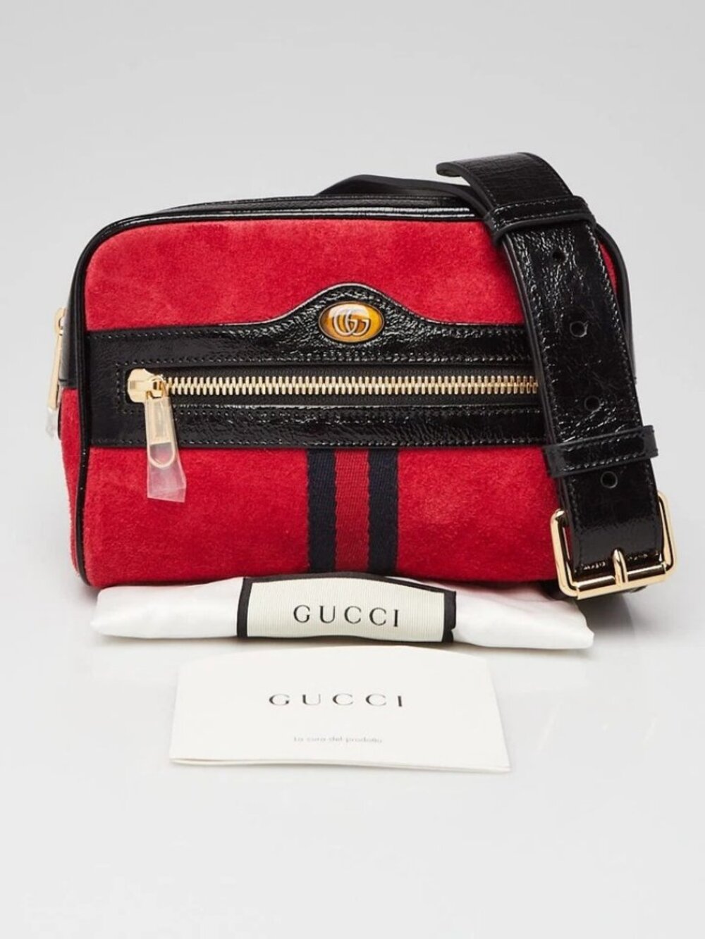 Gucci Red/Black Suede/Patent Leather Vintage Web Ophidia Small Belt Bag - Picture 2 of 12